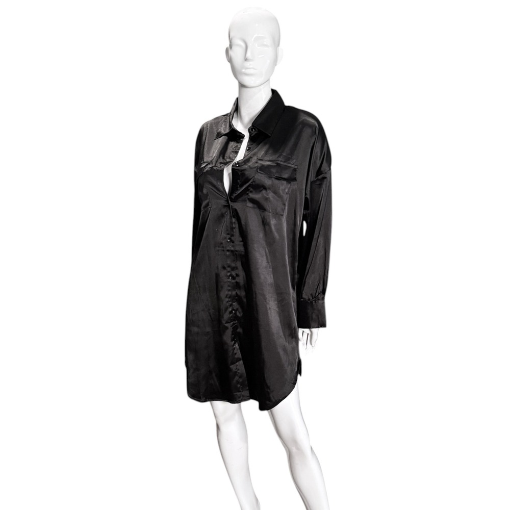 Ekouaer Women Black Satin Button Down Shirt Dress Long Sleeve Large Pocketed